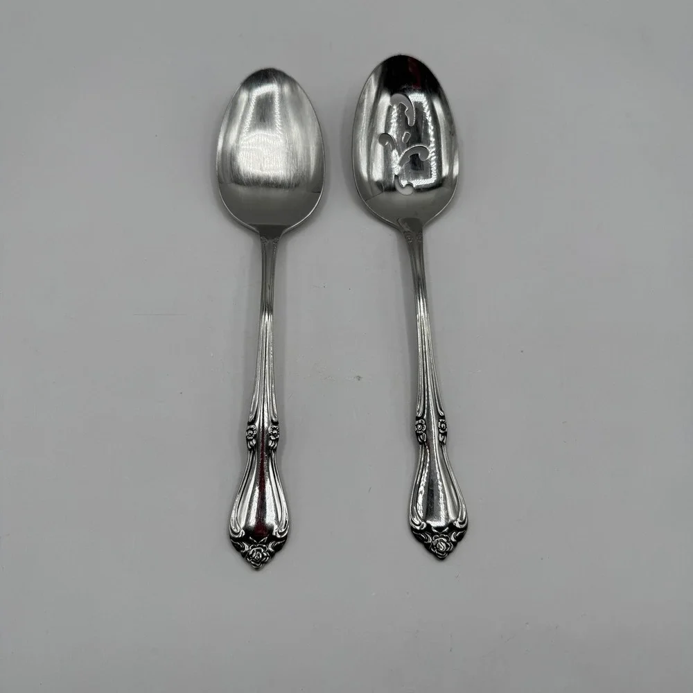 Oneida Serving Spoons Set 8.25 Stainless Arbor Rose Floral Pierced Solid 2pc